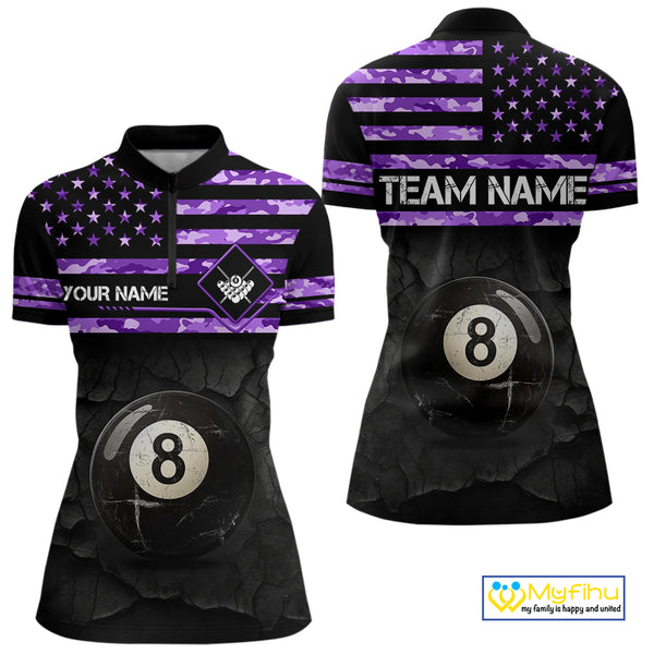 Customized Retro 8 Ball Pool Purple Camo US Flag Billiard Shirt For Women, Patriotic Billiard Jersey TDM4331