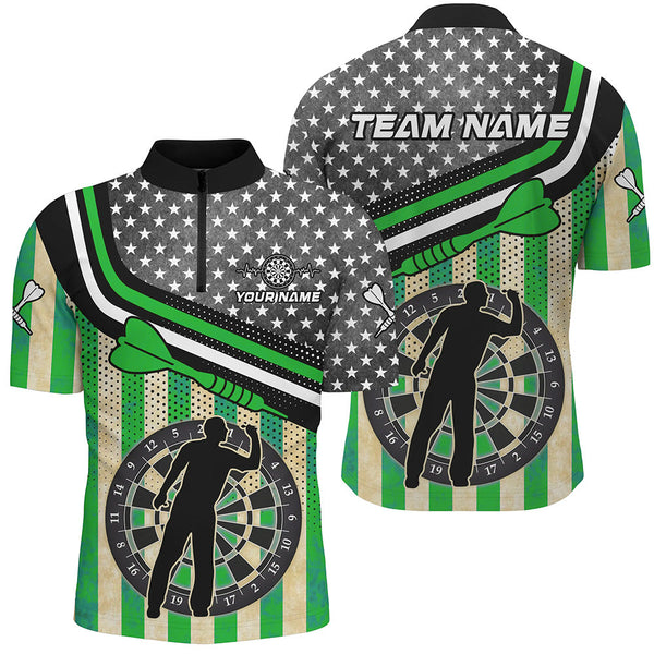Personalized Green Retro American Flag Darts Shirts For Men Custom Patriotic Darts Player Jerseys TDM1993