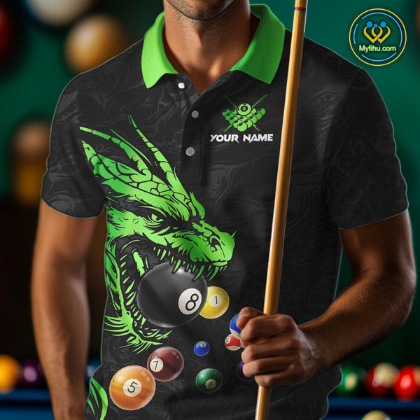 Personalized Green Black 3D Dragon Billiard Balls Pool Shirt For Men, Billiard League Team Jersey TDM4341
