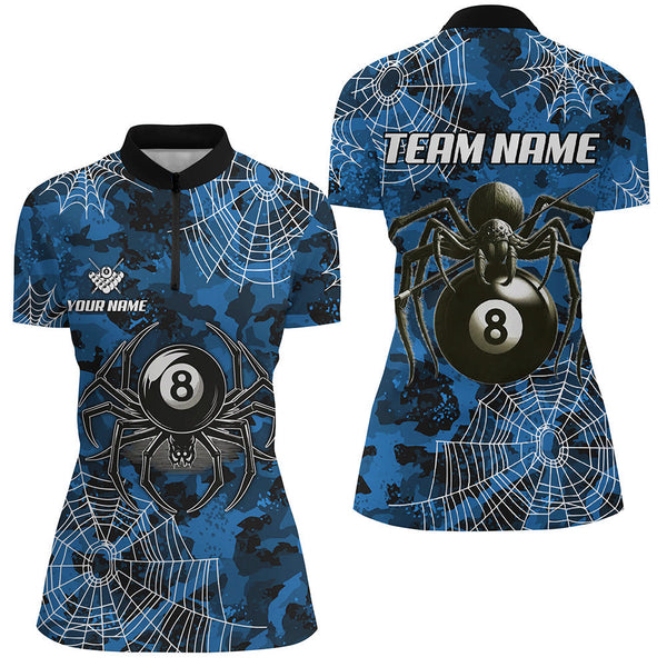 Blue Camo Billiard Spider Cobweb Custom Women Polo & Quarter-Zip Shirts, Unique 8 Ball Pool Jerseys TDM2459