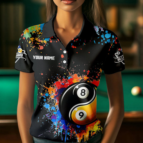 Funny Ying And Yang 8 Ball & 9 Ball Colorful Splash Custom Billiard Shirt For Women, Billiard Jersey  TDM3703