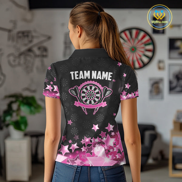 Funny Custom Dart Shirt For Women, Pink Black Glowing Star Pattern Darts Polo & Quarter Zip TDM3885