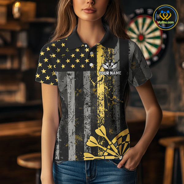 Custom Gold Grunge US Flag Patriotic Darts Shirt For Women, Retro Darts Board Darts Team Jerseys TDM3972
