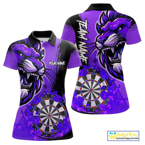 Purple Funny Darts Flame Lion Custom Polo & Quarter-Zip, Personalized Women Dart Shirts Dart Jerseys TDM3973