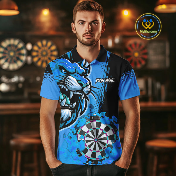 Blue Funny Darts Flame Lion Custom Polo & Quarter-Zip, Personalized Men Dart Shirts Dart Jerseys TDM3974