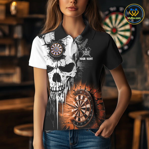 Personalized Grunge Skull Crack Wall Women Dart Shirts Custom Darts League Team Jerseys |Orange TDM3975