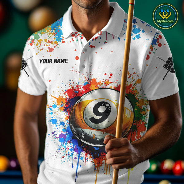 Funny 9 Ball Pool Colorful Paint Splash Custom Billiard Shirt For Men, Billiard Team Jersey|White TDM3977
