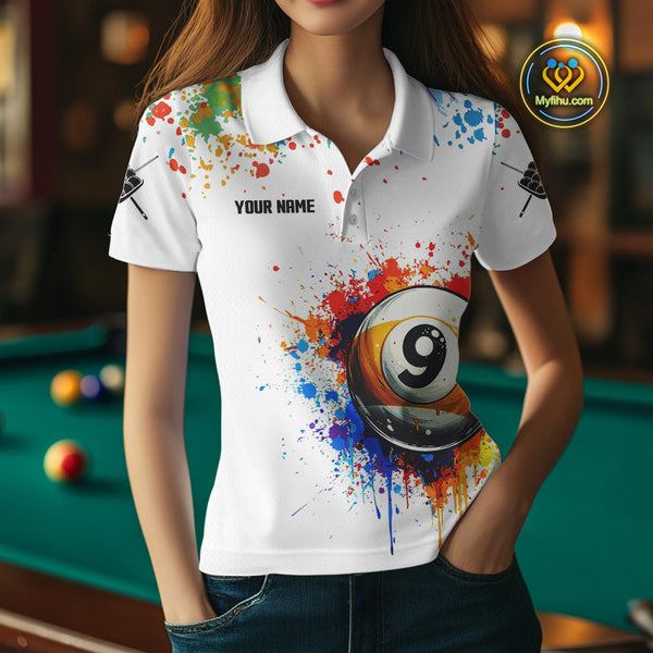 Funny 9 Ball Pool Colorful Paint Splash Custom Billiard Shirt For Women, Billiard Team Jersey|White TDM3977