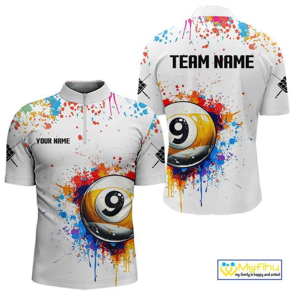 Funny 9 Ball Pool Colorful Paint Splash Custom Billiard Shirt For Men, Billiard Team Jersey|White TDM3977