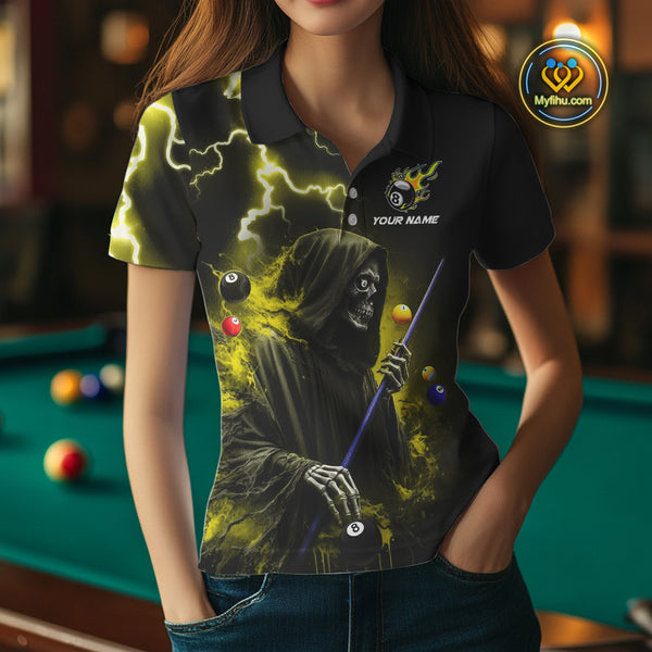 Yellow Grim Reaper Billiard Shirts For Women Custom Thunder Lightning Team League Billiard Jerseys TDM3986