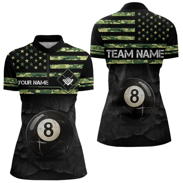 Customized Retro 8 Ball Pool Green Camo US Flag Billiard Shirts For Women, Patriotic Billiard Jerseys TDM3566