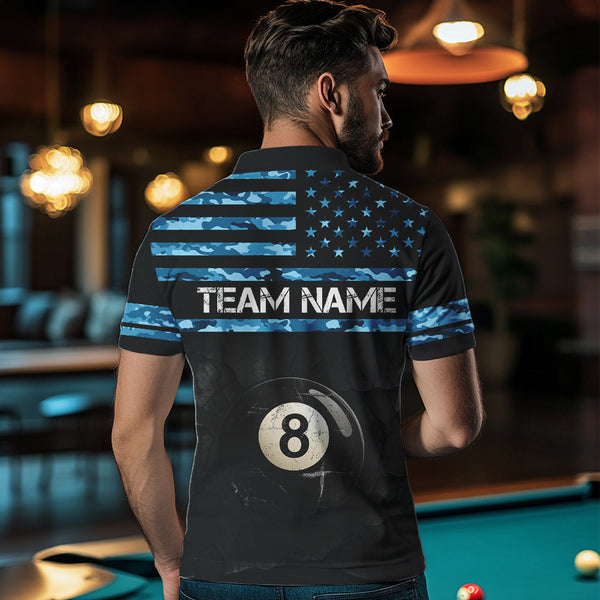 Customized Retro 8 Ball Pool Blue Camo US Flag Billiard Shirts For Men, Patriotic Billiard Jersey TDM3567