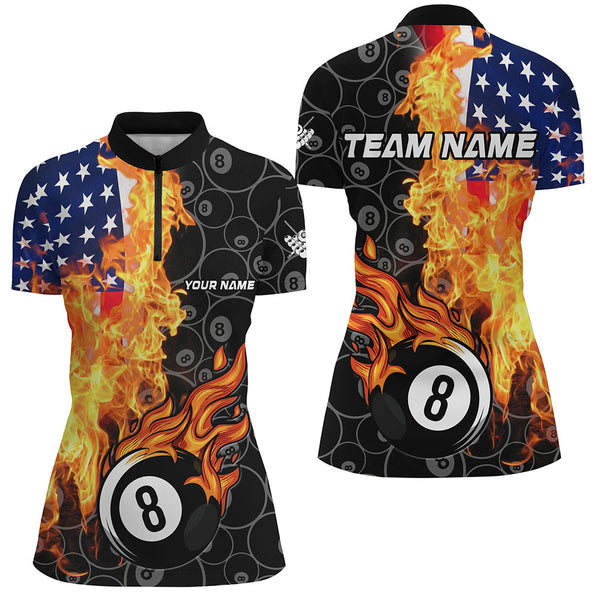 American Flag Fire Flame 8 Ball Billiard Shirts For Women Customized Patriotic Billiard Pool Jerseys TDM2023
