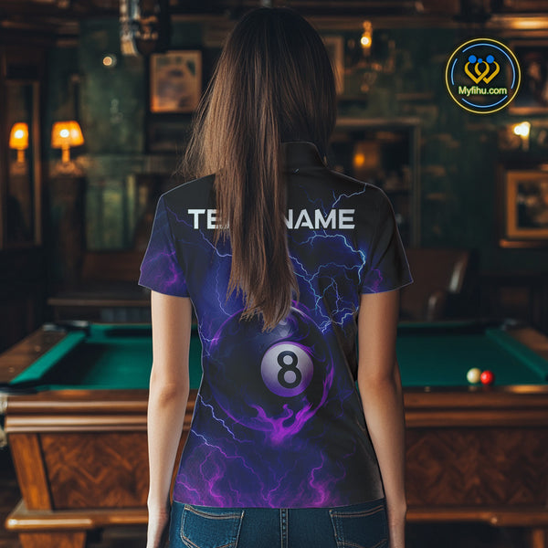 Personalized 3D Purple Billiard Jerseys For Women, Lightning 8 Ball Pool Billiard Team Shirts TDM4010