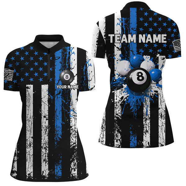 Blue Grunge US Flag Patriotic Billiard Shirts For Women Custom Splash Paint 8 Ball Billiard Jerseys TDM2247