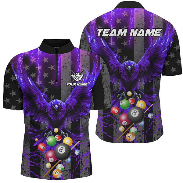Purple American Flag Thunder Lightning Eagle Billiard Shirt For Men, 3D Pool Balls Billiard Jerseys TDM3239