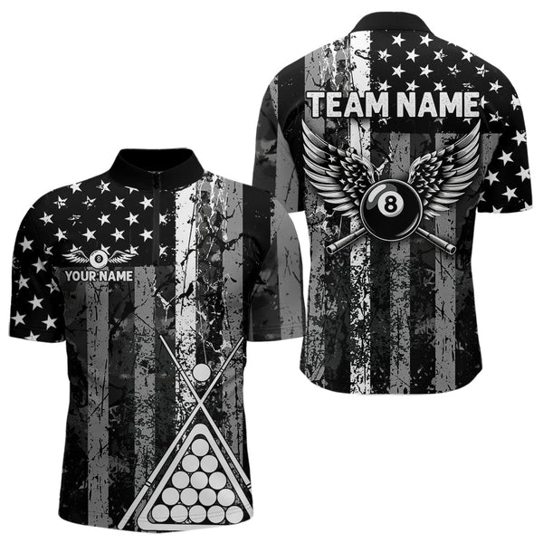 Black White 8 Ball Wings Grunge US Flag Patriotic Billiard Shirts For Men Custom Billiard Jerseys TDM3572