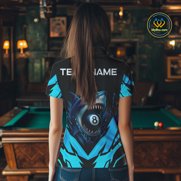 Personalized Blue 8 Ball Pool Billiard Shark Polo & 1/4 Zip For Women, Billiard Team Pool Jerseys TDM4013