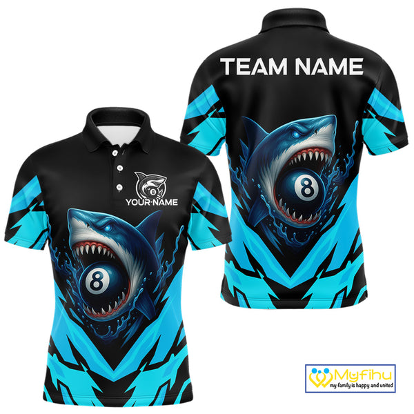 Personalized Blue 8 Ball Pool Billiard Shark Polo & 1/4 Zip For Men, Billiard Team Pool Jerseys TDM4013