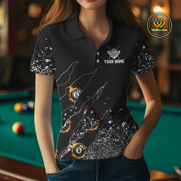 Custom 8 Ball Fire Black Grunge Billiard Shirts For Women, Billiard Team Shirts Pool Jerseys TDM4015