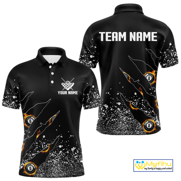 Custom 8 Ball Fire Black Grunge Billiard Shirts For Men, Billiard Team Shirts Pool Jerseys TDM4015
