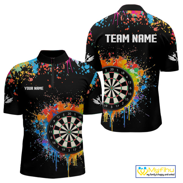 Funny Dartboard Colorful Paint Splash Custom Dart Shirts For Men, Darts Team Jerseys |Black TDM4016
