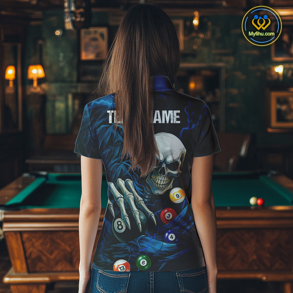 Personalized Blue Funny Skeleton Pool Balls Billiard Shirt For Women, Skull Billiard Team Jerseys TDM4368