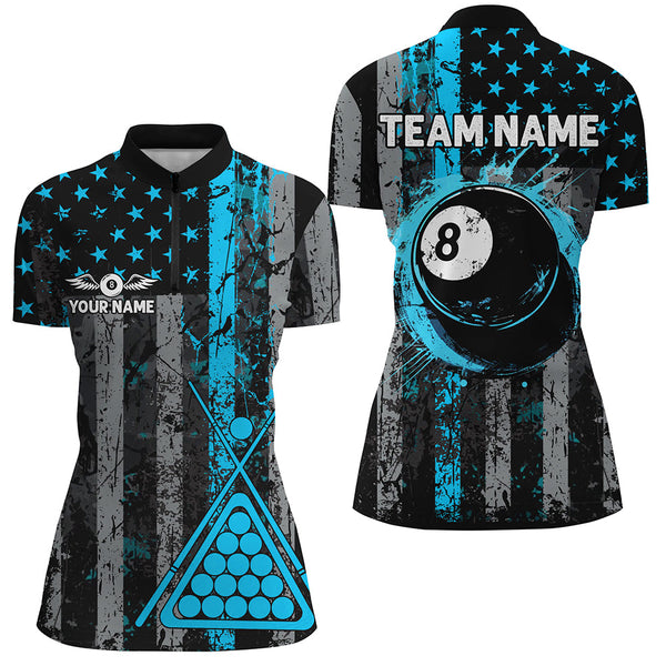 Custom Blue Grunge US Flag Patriotic Billiard Shirt For Women, Retro 8 Ball Pool Billiard Team Jersey TDM2514
