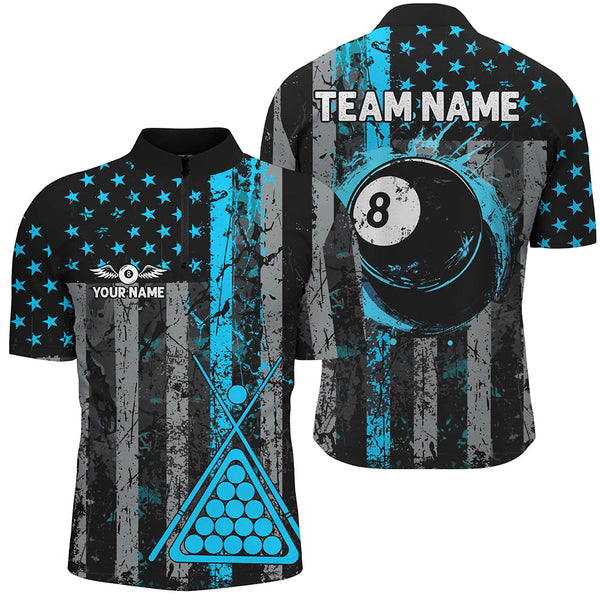 Custom Blue Grunge US Flag Patriotic Billiard Shirt For Men, Retro 8 Ball Pool Billiard Team Jersey TDM2514