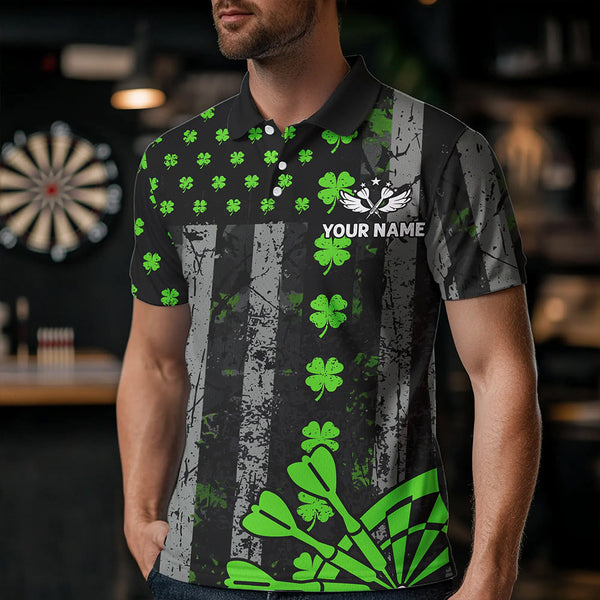Green Grunge US Flag Luckiest Shamrock Patriotic Men Dart Shirt Custom St Patrick Day Dart Jersey TDM3448