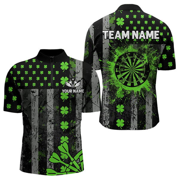 Green Grunge US Flag Luckiest Shamrock Patriotic Men Dart Shirt Custom St Patrick Day Dart Jersey TDM3448