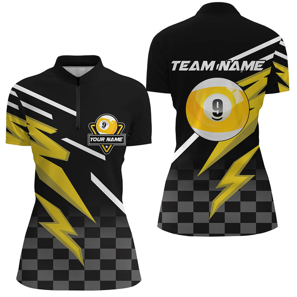 Personalized 9 Ball Pool Tournament Billiards Shirts For Women, Yellow Black 9 Ball Billiard Jerseys TDM1837