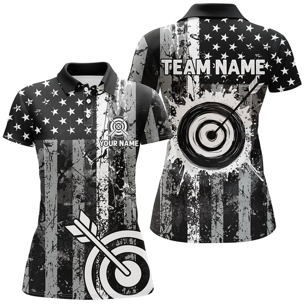 Custom Black Grunge USA Flag Archery Shirts For Women, Patriotic American Archery Team Jerseys TDM3242