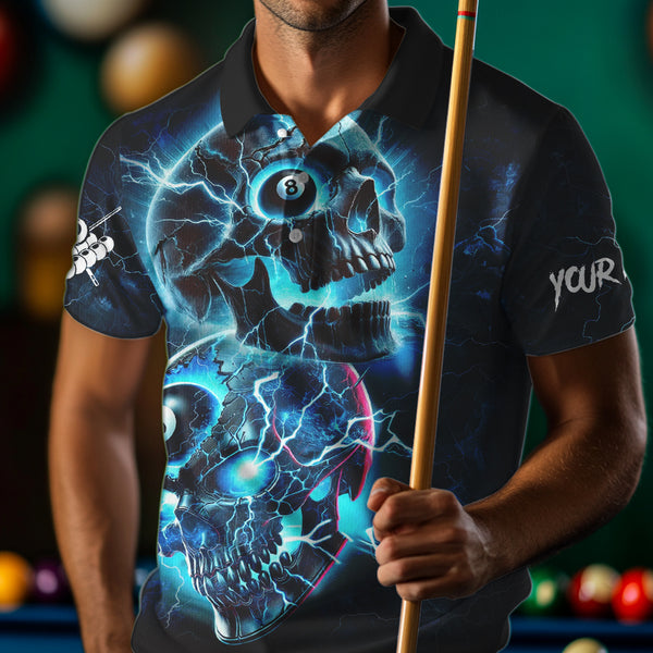 Personalized Blue Billiard 8 Ball Skull Billiard Polo & 1/4 Zip For Men, Lightning Billiard Jerseys TDM3747