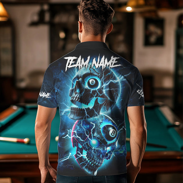 Personalized Blue Billiard 8 Ball Skull Billiard Polo & 1/4 Zip For Men, Lightning Billiard Jerseys TDM3747