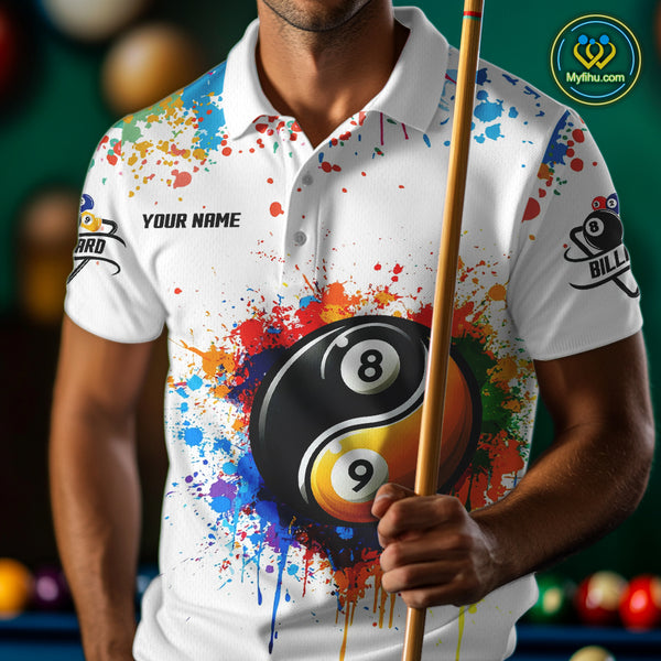 Funny Yin Yang 8 Ball & 9 Ball Colorful Splash Custom Men's Billiard Shirts, Pool Jerseys|White TDM4018