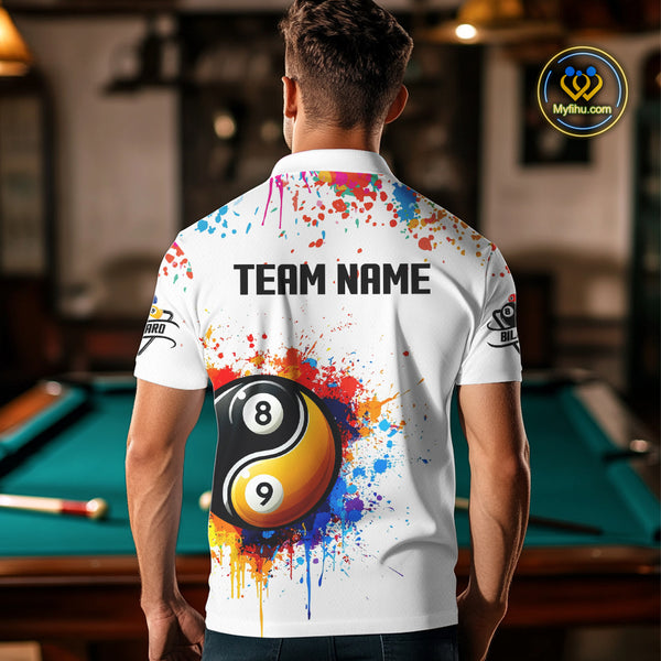 Funny Yin Yang 8 Ball & 9 Ball Colorful Splash Custom Men's Billiard Shirts, Pool Jerseys|White TDM4018
