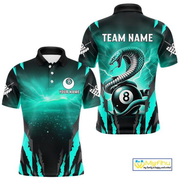 Customized Thunder Lightning Cobra Snake Men Billiard Shirt, 8 Ball Billiard Team Jersey|Turquoise TDM4020