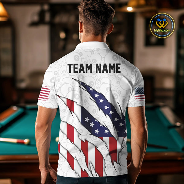 Personalized American Flag Billiard Shirts For Men, Patriotic 8 Ball Pool Team Jersey | White TDM4026