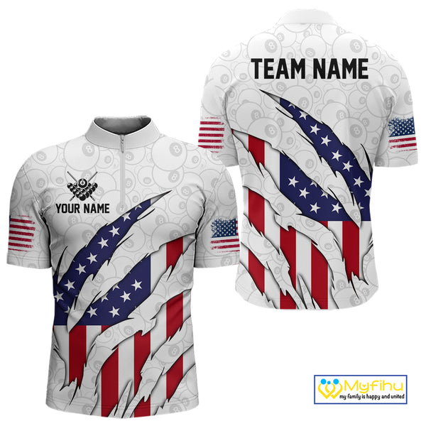 Personalized American Flag Billiard Shirts For Men, Patriotic 8 Ball Pool Team Jersey | White TDM4026
