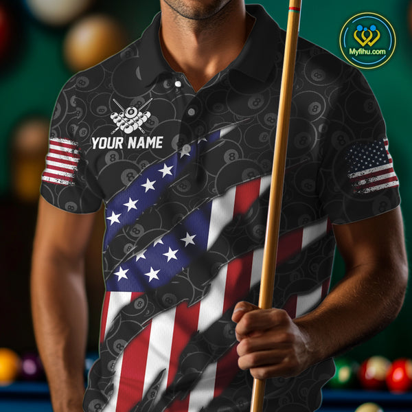 Personalized American Flag Billiard Shirts For Men, Patriotic 8 Ball Pool Team Jersey | Black TDM4027