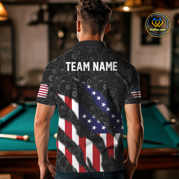 Personalized American Flag Billiard Shirts For Men, Patriotic 8 Ball Pool Team Jersey | Black TDM4027