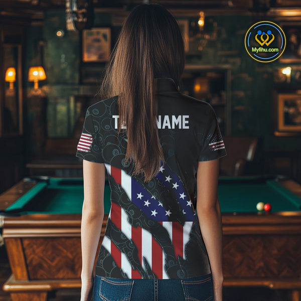 Personalized American Flag Billiard Shirts For Women, Patriotic 8 Ball Pool Team Jersey | Black TDM4027
