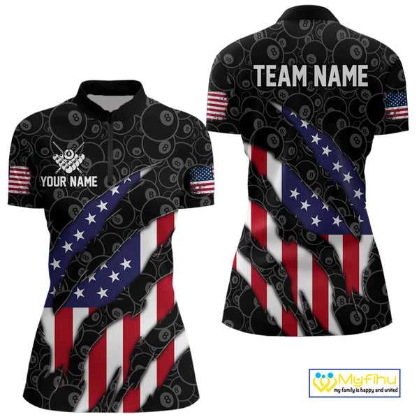 Personalized American Flag Billiard Shirts For Women, Patriotic 8 Ball Pool Team Jersey | Black TDM4027