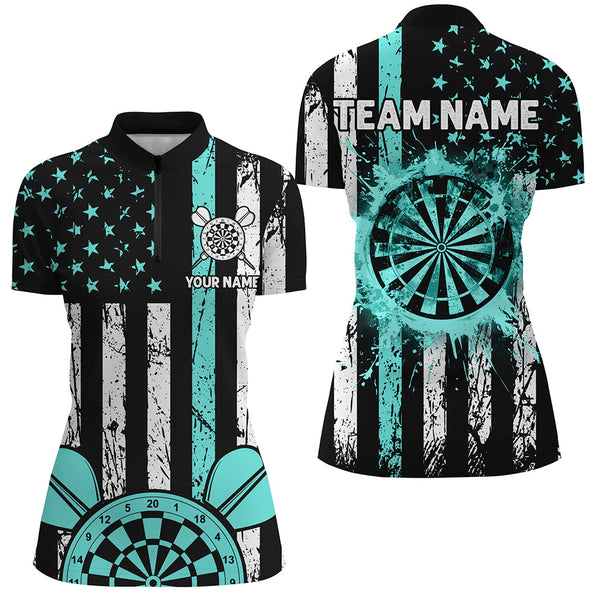 Custom Turquoise Grunge US Flag Patriotic Darts Shirts For Women, Darts Tournament Jersey Retro Style TDM2534