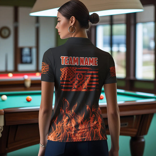 3D Orange Flaming American Flag Women Billiard Shirt Custom Patriotic Pool Player Billiard Jersey TDM3453