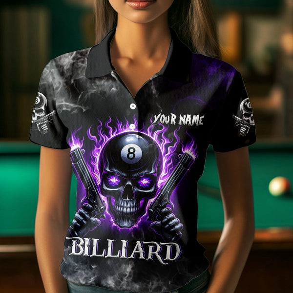 Personalized Purple 8 Ball Fire Flame Gun Skull Smoke Billiard Shirt For Women, Cool Billiard Jersey TDM3604