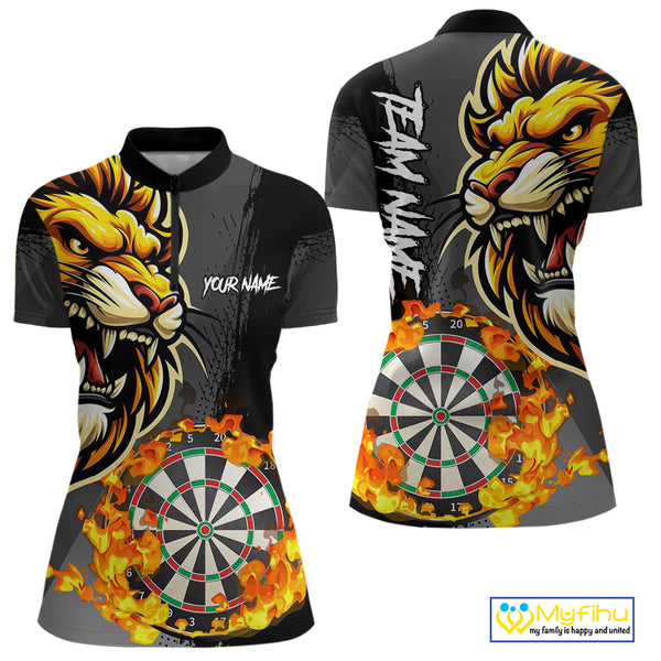 Funny Darts Flame Lion Custom Polo & Quarter-Zip, Personalized Women Dart Shirts Dart Jerseys TDM4033