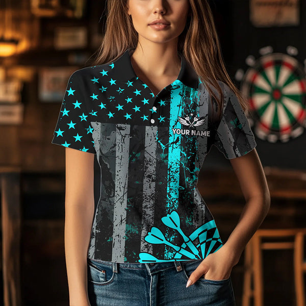Custom Turquoise Grunge Us Flag Patriotic Darts Shirt For Women, Retro Darts Board Darts Team Jerseys TDM1648