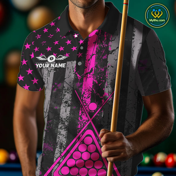 Custom Pink Grunge US Flag Patriotic Billiard Shirts For Men, Retro 8 Ball Pool Billiard Jersey TDM4045